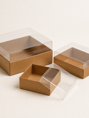 Natural kraft gift boxes with clear fitted PVC lids