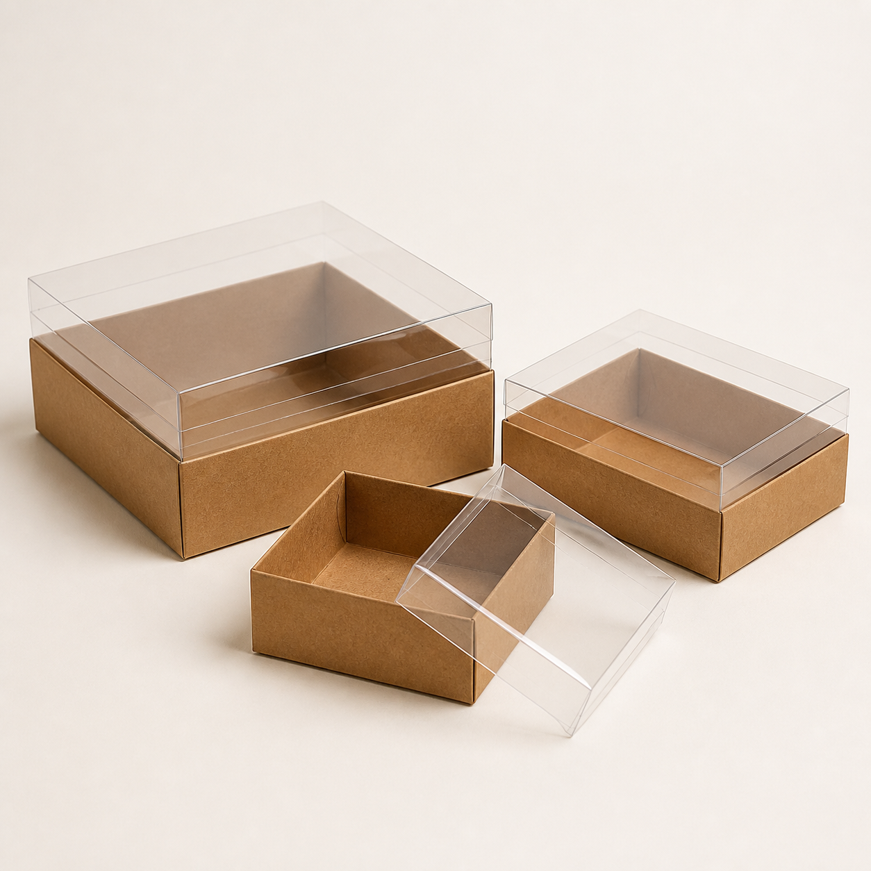 Natural kraft gift boxes with clear fitted PVC lids