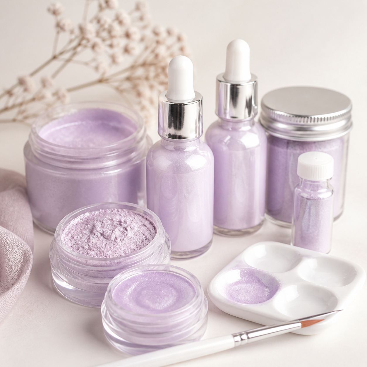 Soft lilac pearlescent edible colour in powder liquid and paste formats