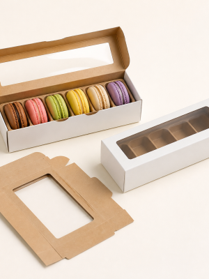 Windowed macaron packaging boxes with food-safe inserts