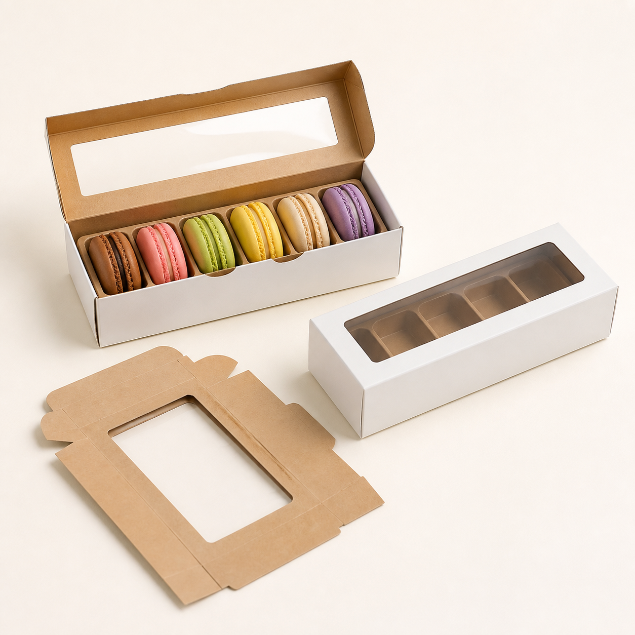 Windowed macaron packaging boxes with food-safe inserts