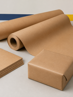 Brown Mandini wrapping paper rolls, sheets and a wrapped parcel