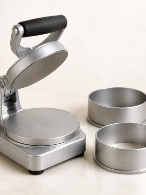 Commercial manual aluminium hamburger patty press with forming rings