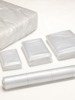 Heavy clear polyethylene mattress protection bags in assorted sizes and perforated roll