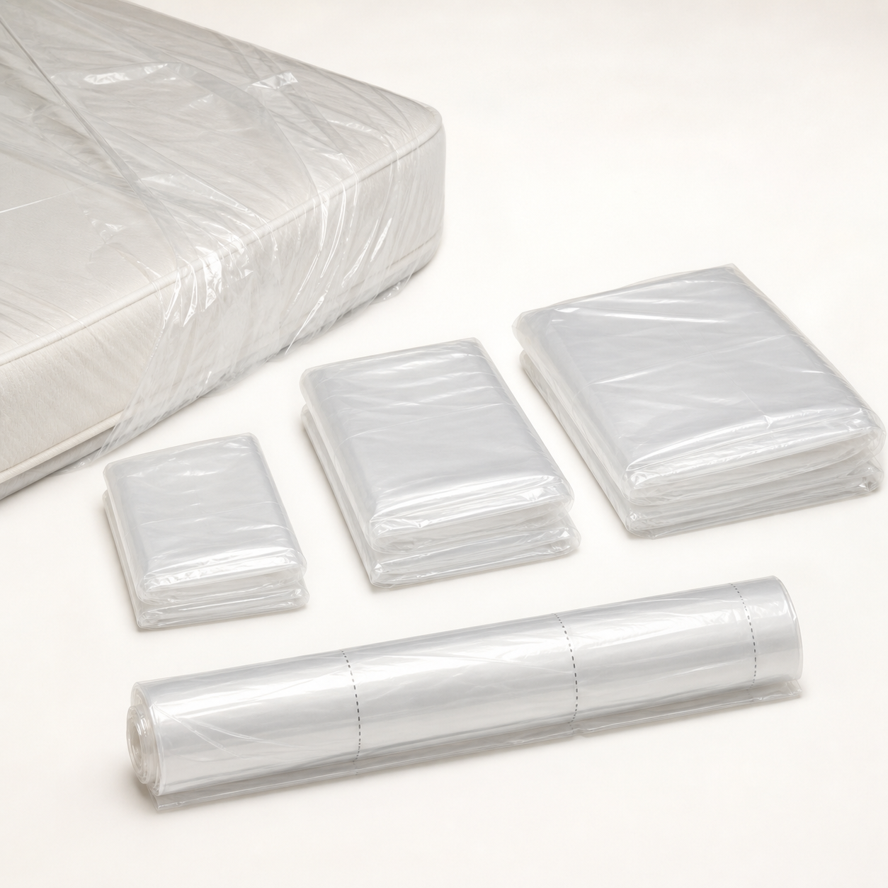 Heavy clear polyethylene mattress protection bags in assorted sizes and perforated roll