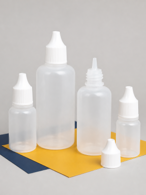 Empty natural translucent plastic squeeze dropper bottles in assorted sizes