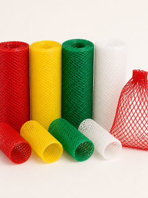 Colour-coded flexible Netlon plastic mesh packaging rolls and produce bag