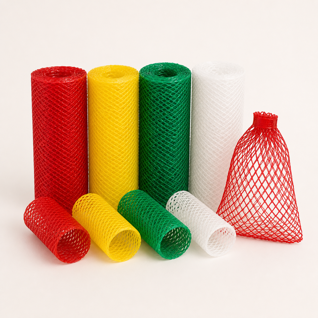 Colour-coded flexible Netlon plastic mesh packaging rolls and produce bag