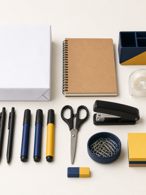 Practical office stationery assortment including paper pens markers tape scissors and stapler