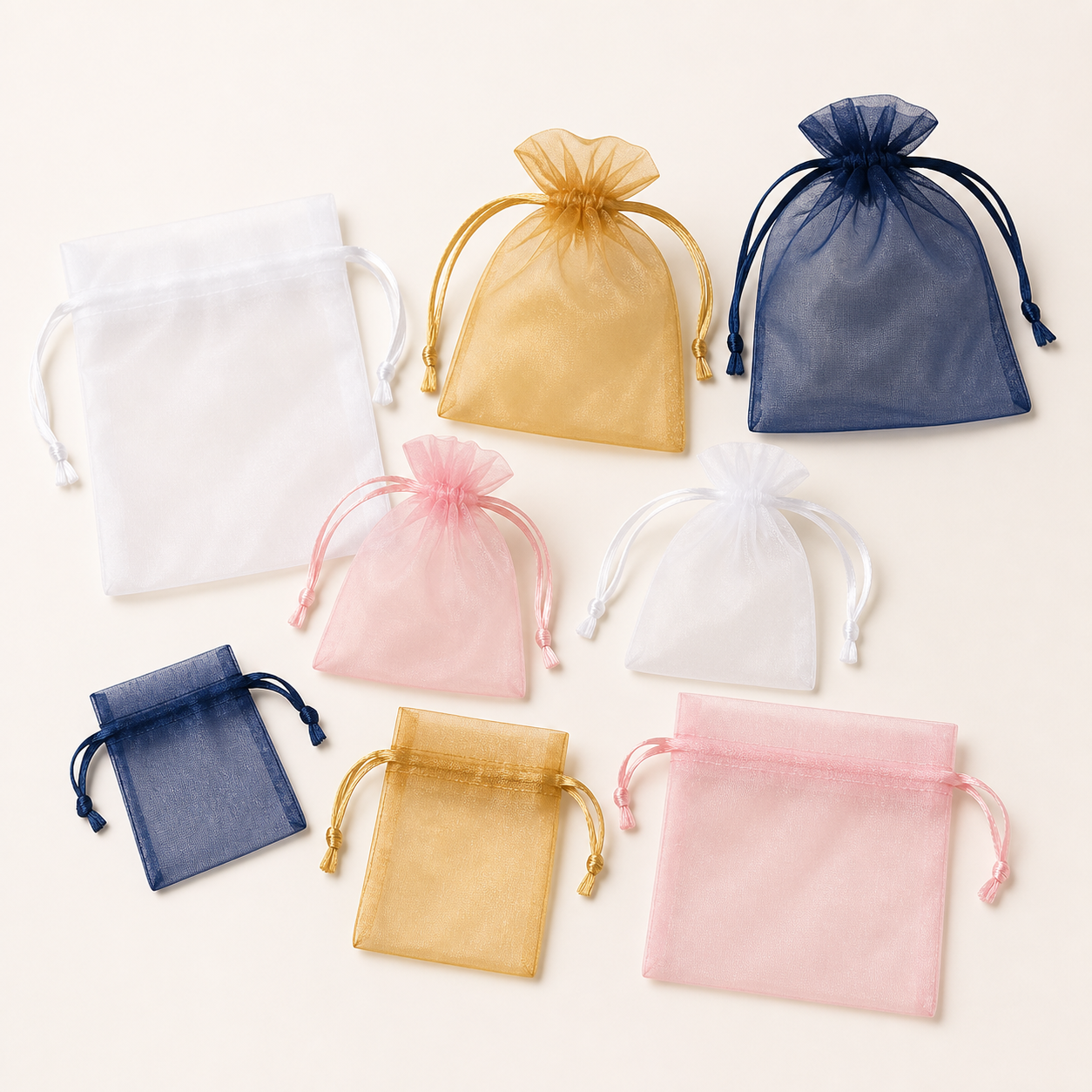 Sheer organza drawstring gift bags in assorted colours and sizes
