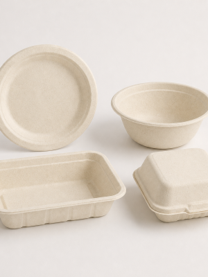 Assorted unbranded compostable bagasse food packaging