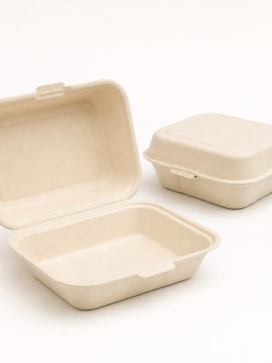 Open natural bagasse burger clamshell packaging box