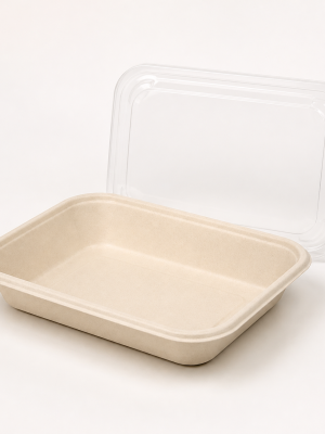 Natural bagasse deli serving tray with clear lid