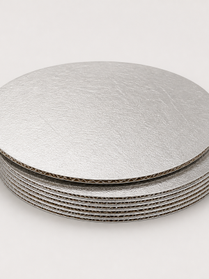 Round silver laminated cake boards