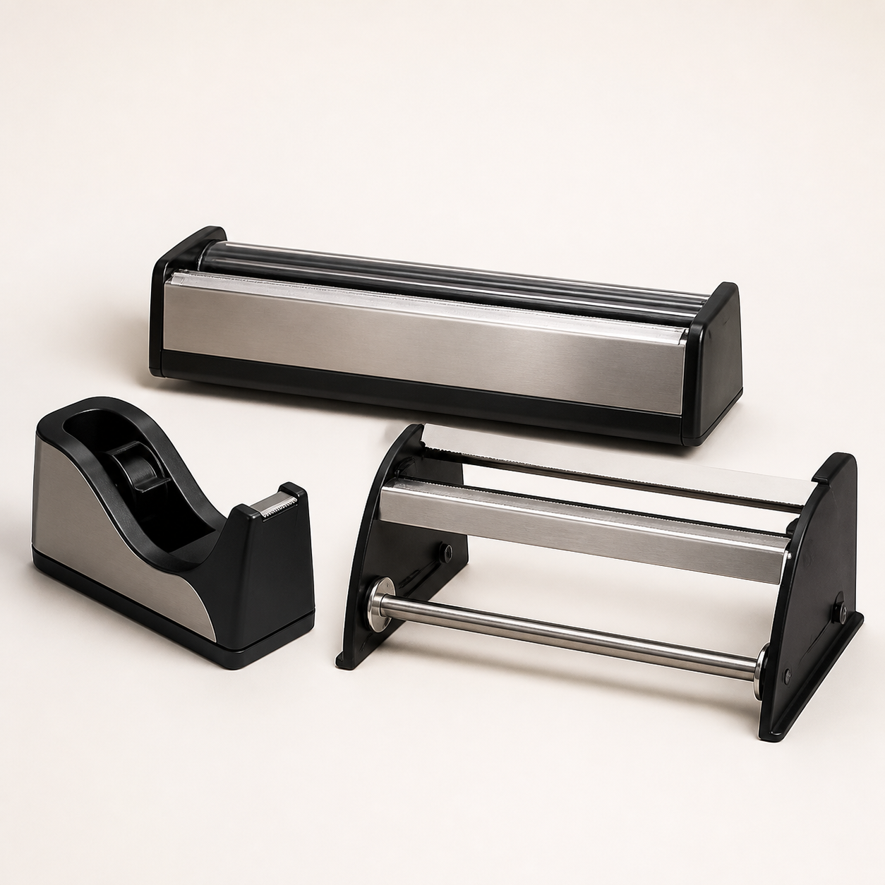 Commercial tape film and paper roll packaging dispensers