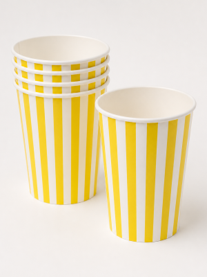 Yellow and white striped paper popcorn tubs