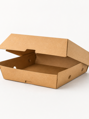Wide low-profile kraft street-food burger box with ventilation holes