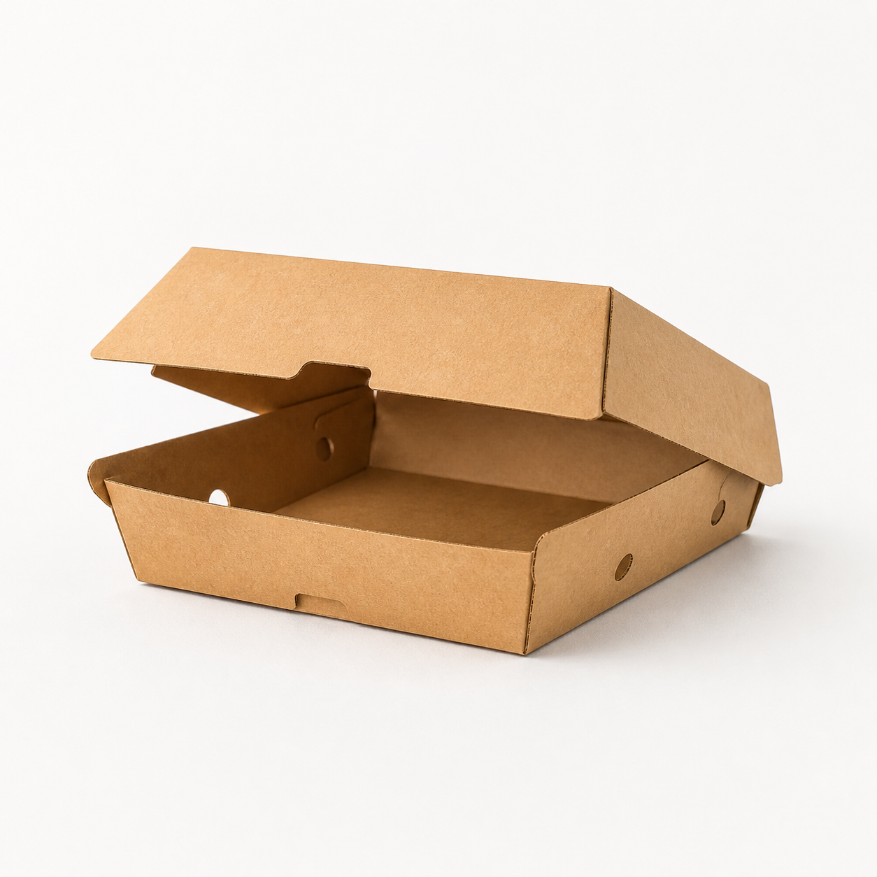 Wide low-profile kraft street-food burger box with ventilation holes