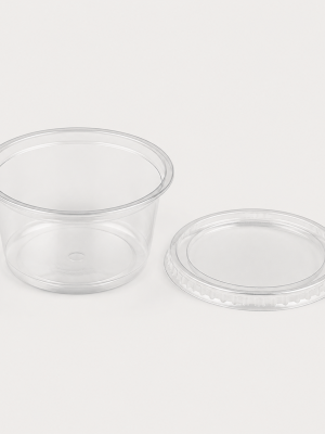 Clear plastic sauce portion tub and lid