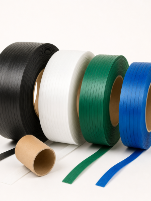 Ribbed polypropylene and polyester packaging strapping coils in assorted widths