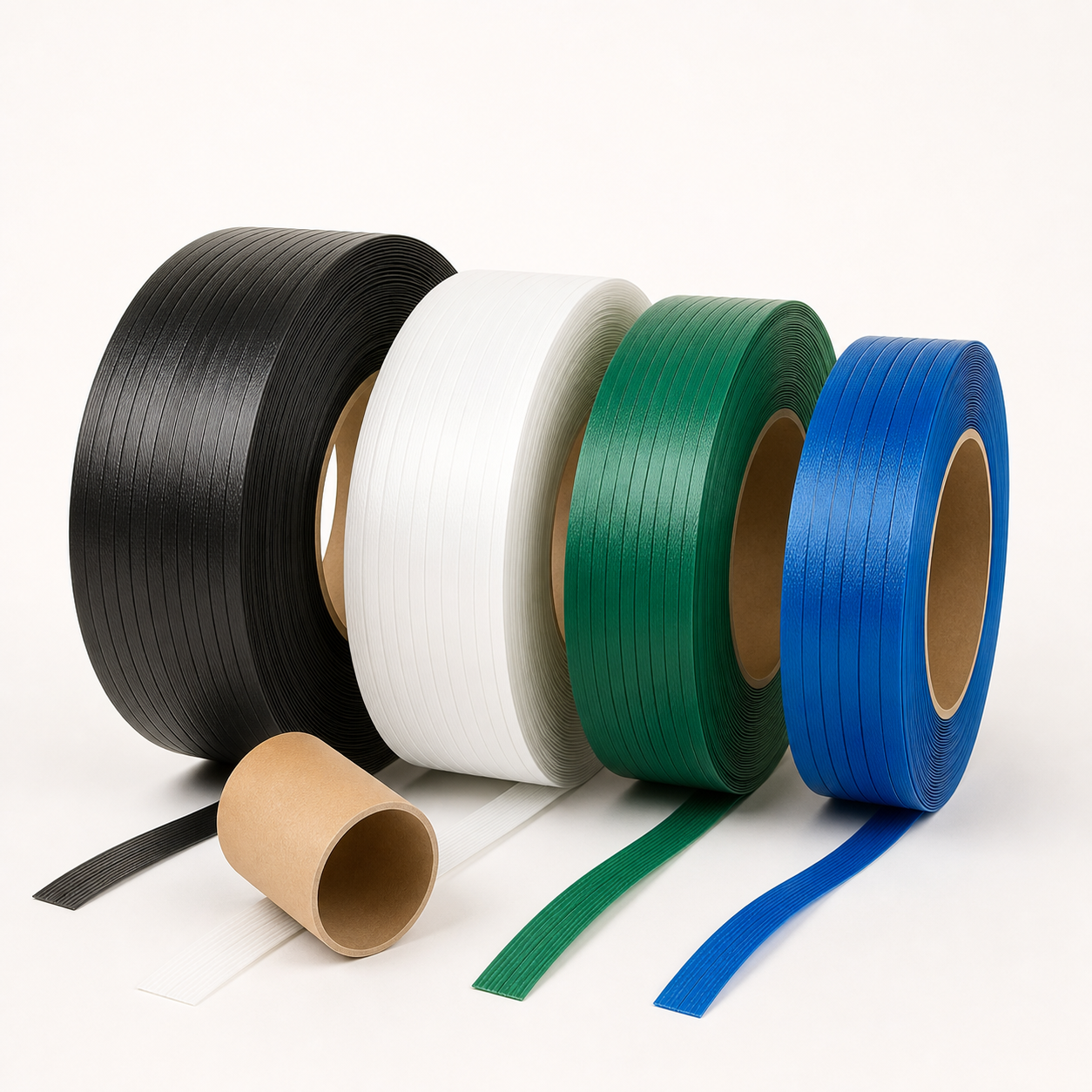 Ribbed polypropylene and polyester packaging strapping coils in assorted widths