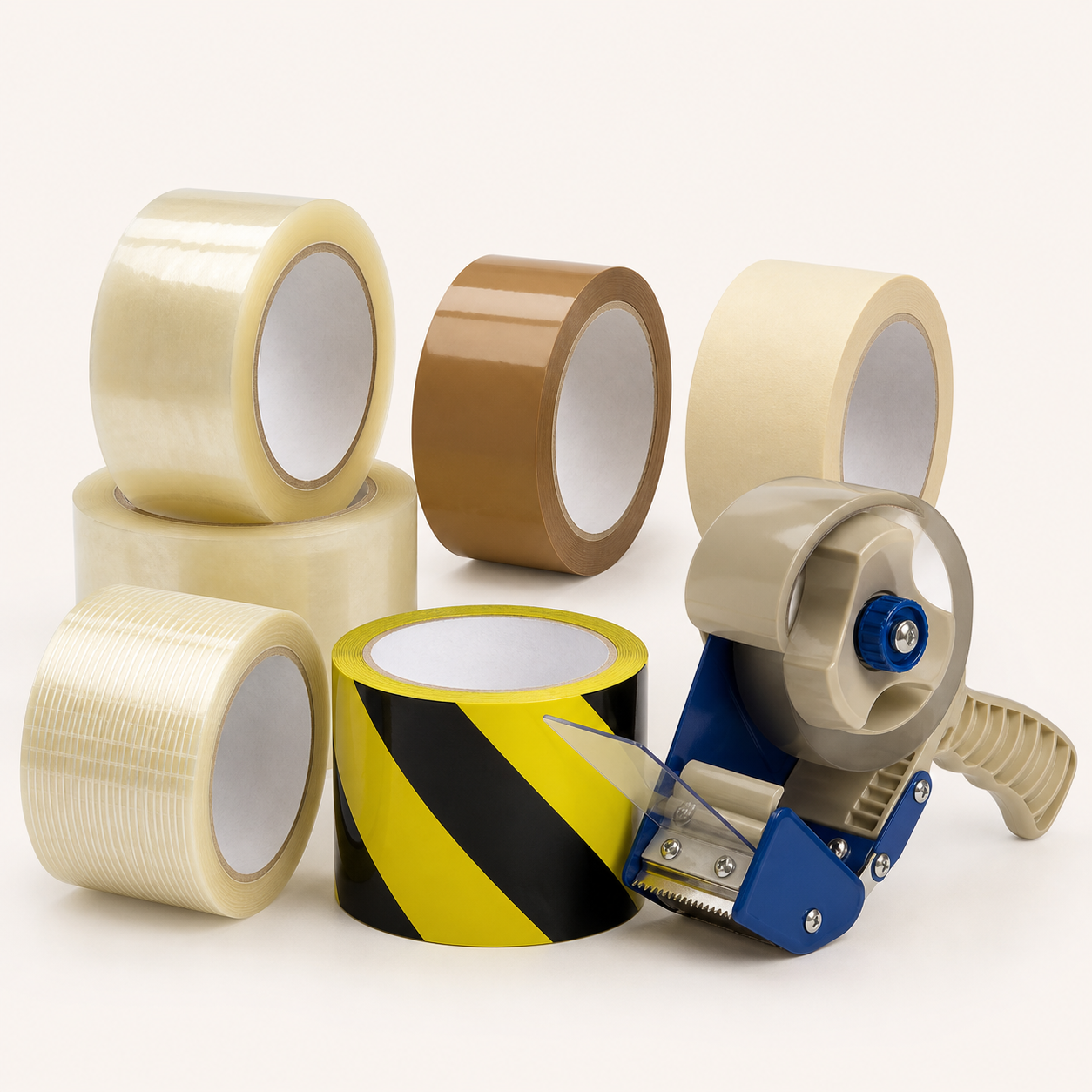 Clear brown masking filament and caution packaging tapes with dispenser