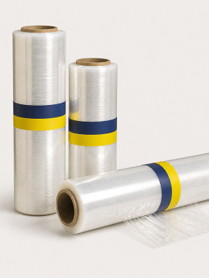 Clear industrial pallet stretch wrap rolls in assorted widths