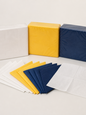 Standard two-ply paper serviettes in white yellow and navy