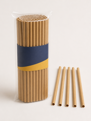 Natural kraft paper drinking straws in a clear pack