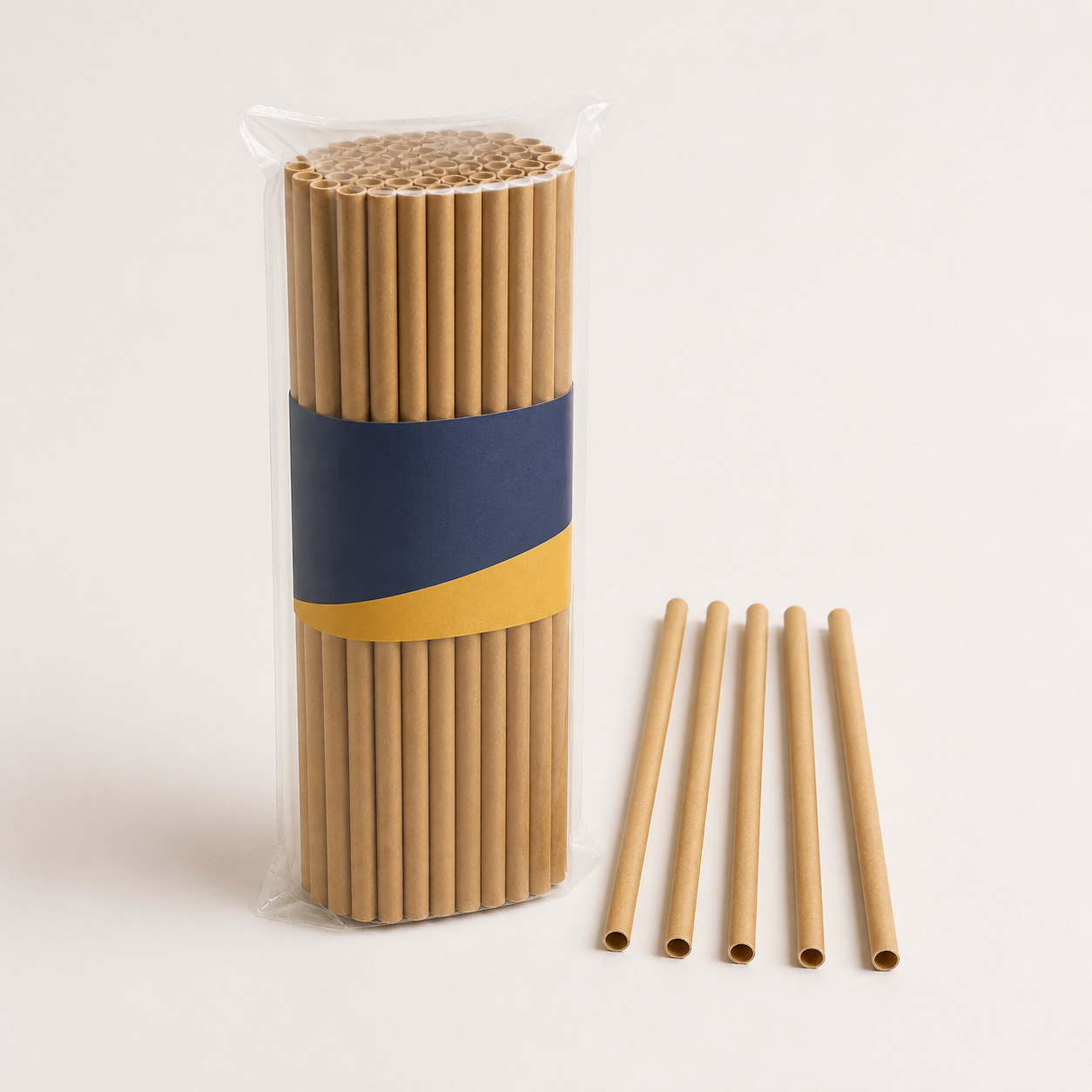 Natural kraft paper drinking straws in a clear pack