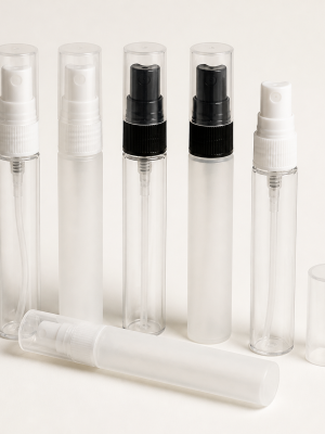 Slim clear and frosted pen-shaped fine mist spray bottles