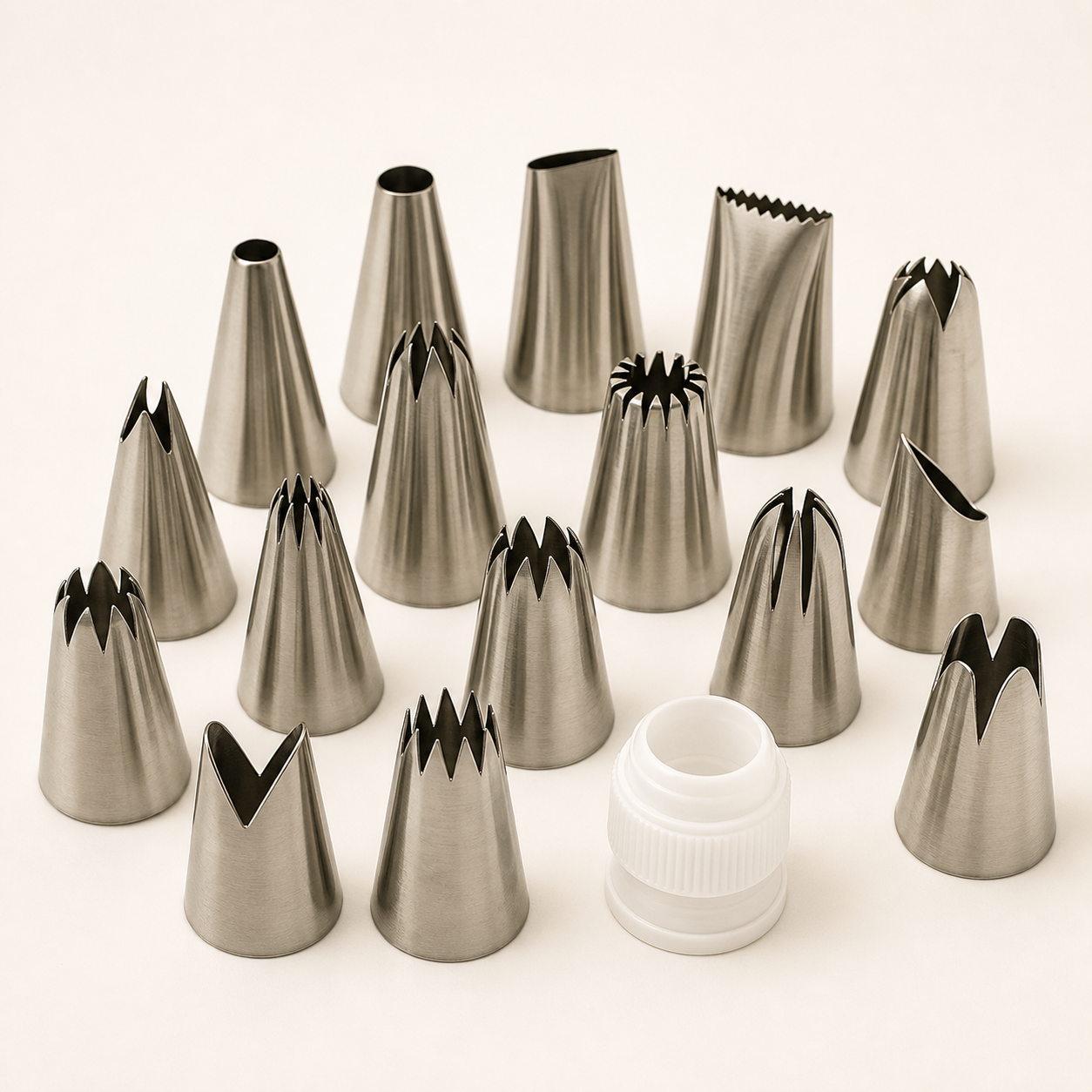 Assorted stainless steel cake decorating piping nozzles and coupler