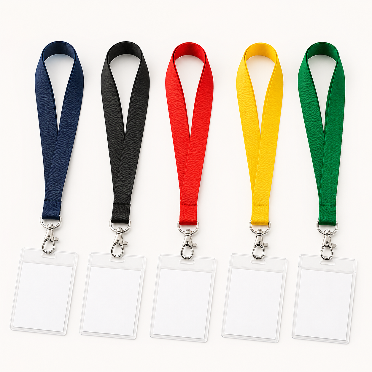 Plain coloured woven neck lanyards with swivel clips and blank ID holders