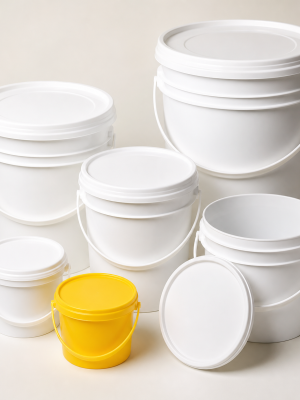 Food-safe plastic buckets with swing handles and tight-fitting lids