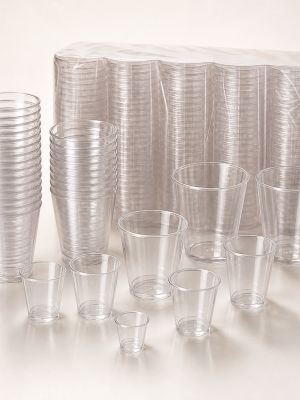 Clear disposable plastic shot cups in assorted sizes