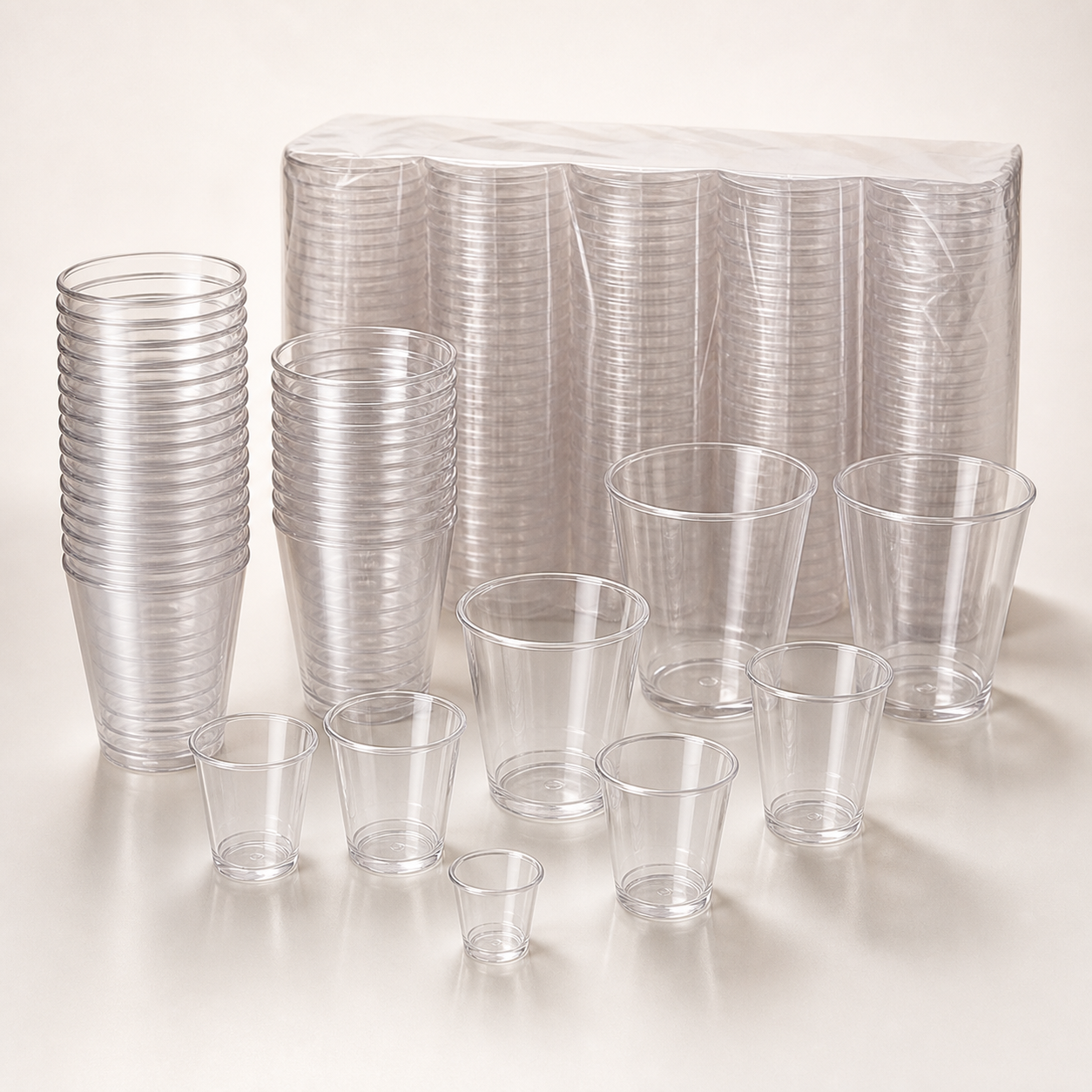 Clear disposable plastic shot cups in assorted sizes