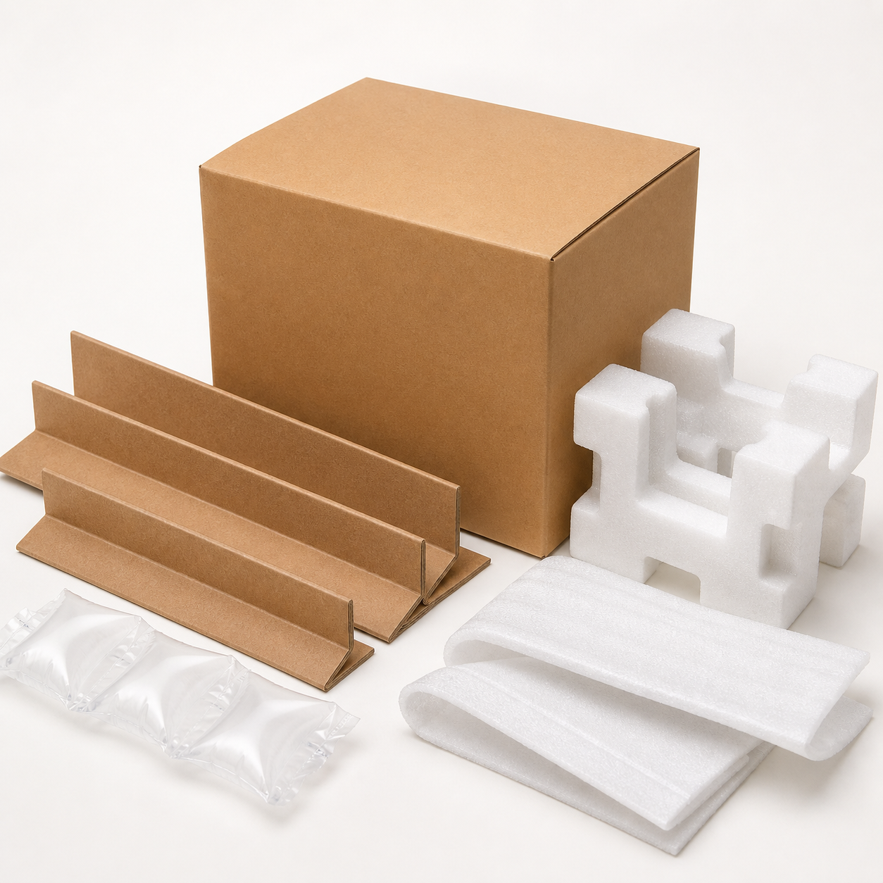 Protective packaging range with kraft edge guards foam corners air pillows and foam sleeves