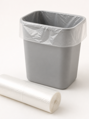 Clear plastic bin liners on a roll with liner fitted to a clean bin