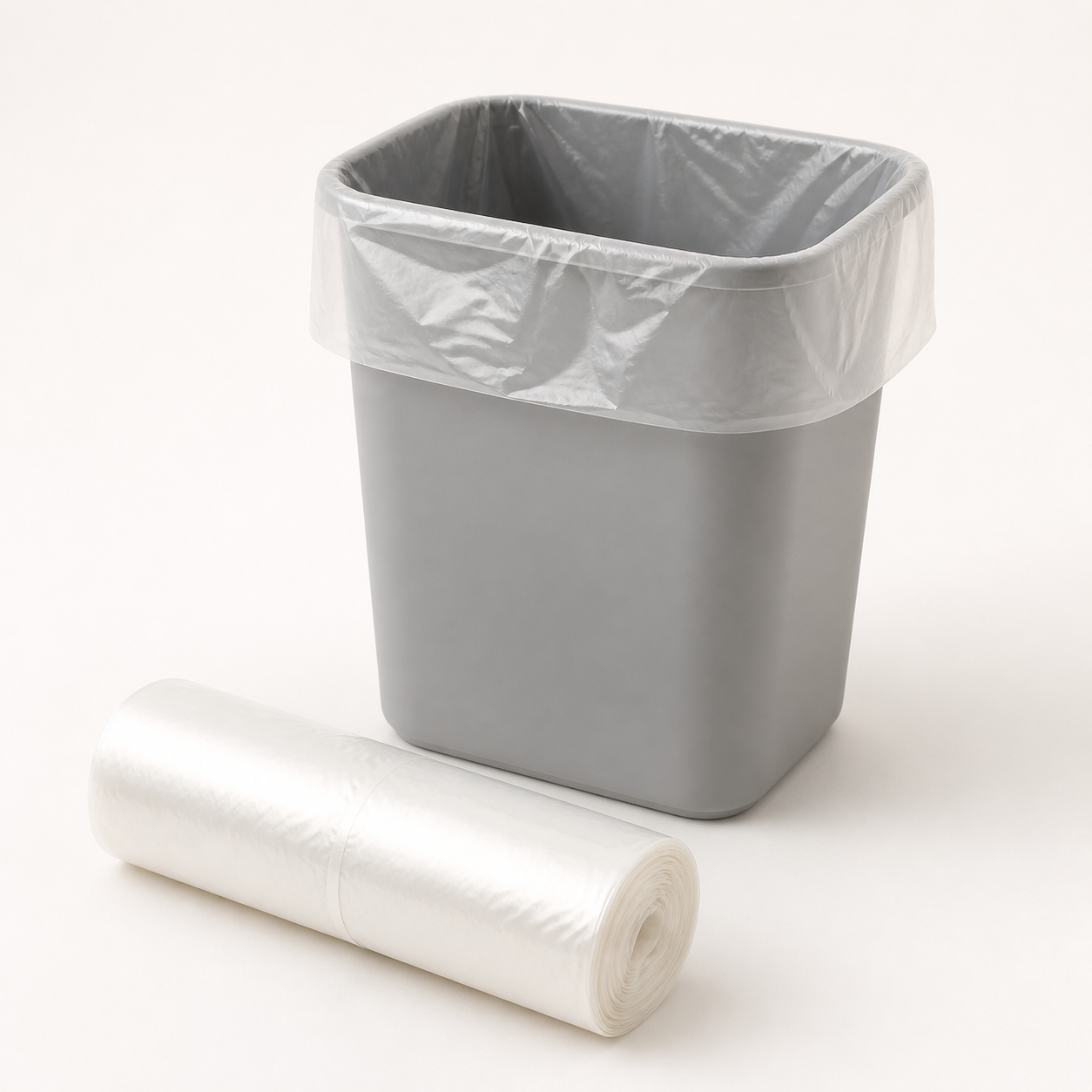 Clear plastic bin liners on a roll with liner fitted to a clean bin