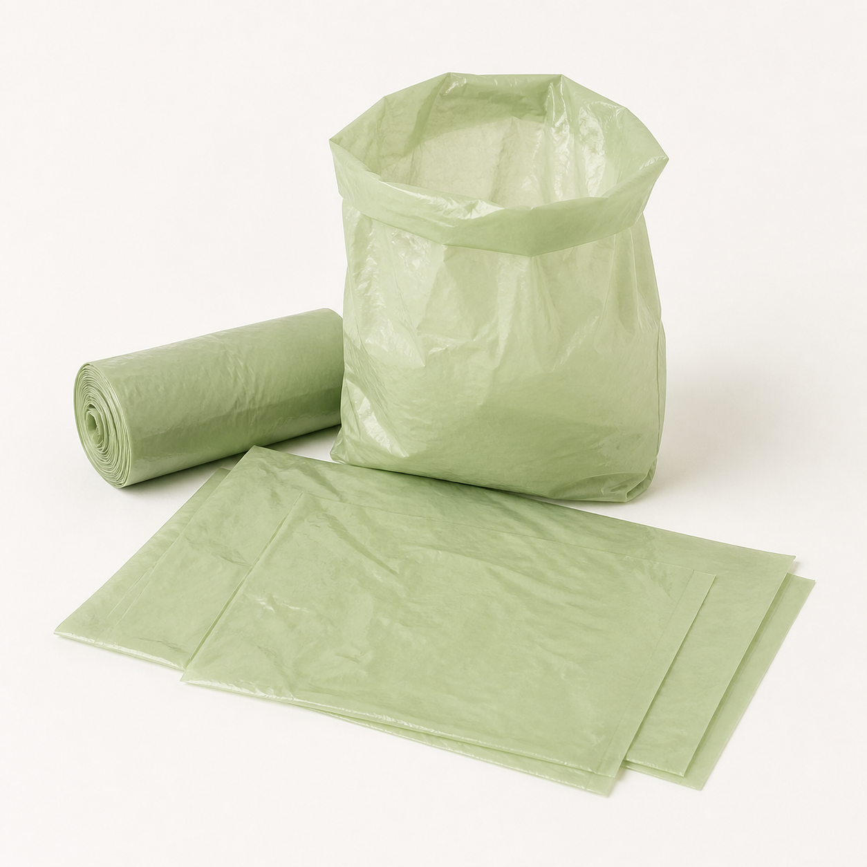 Pale green biodegradable refuse bags and roll