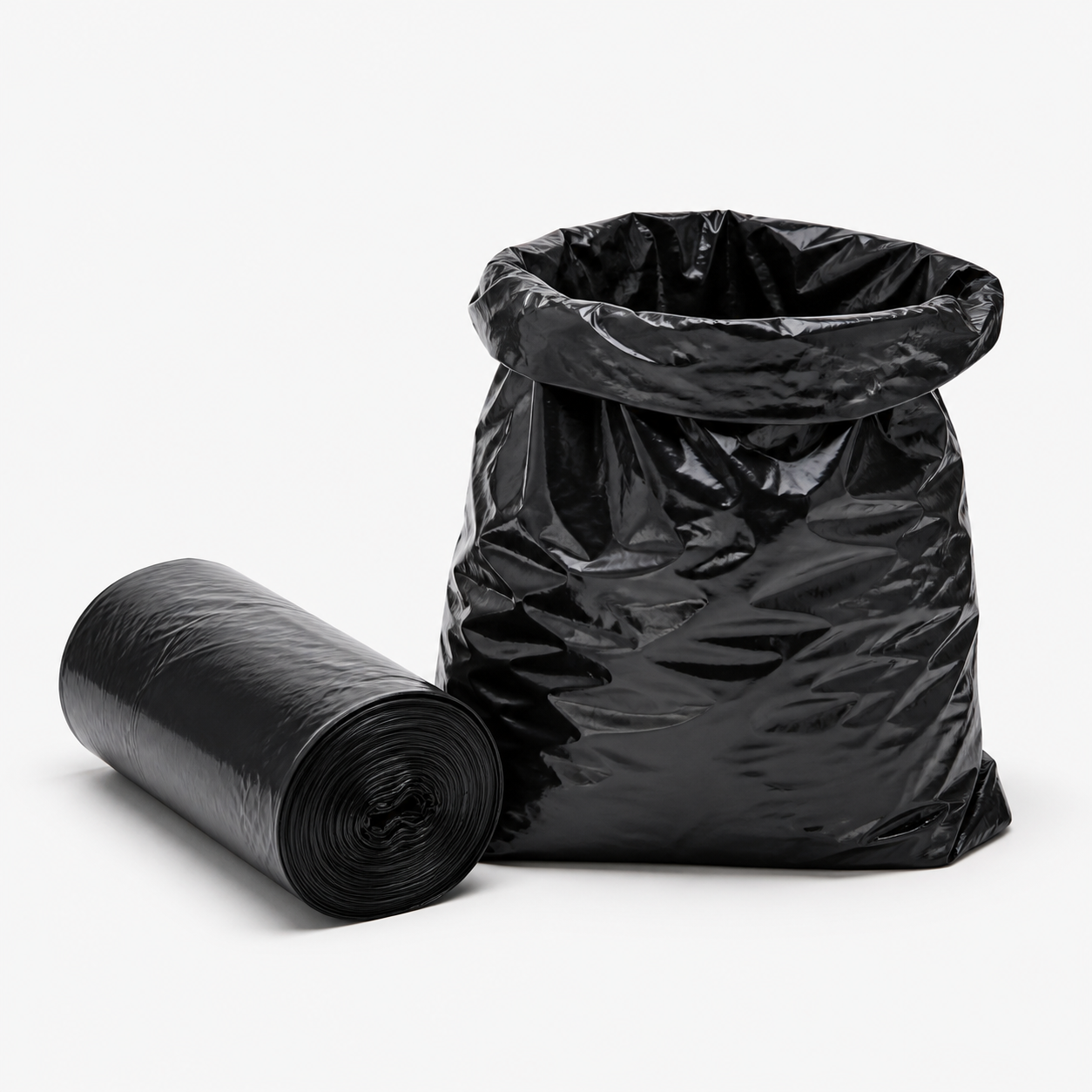 Heavy-duty black refuse bags with a roll