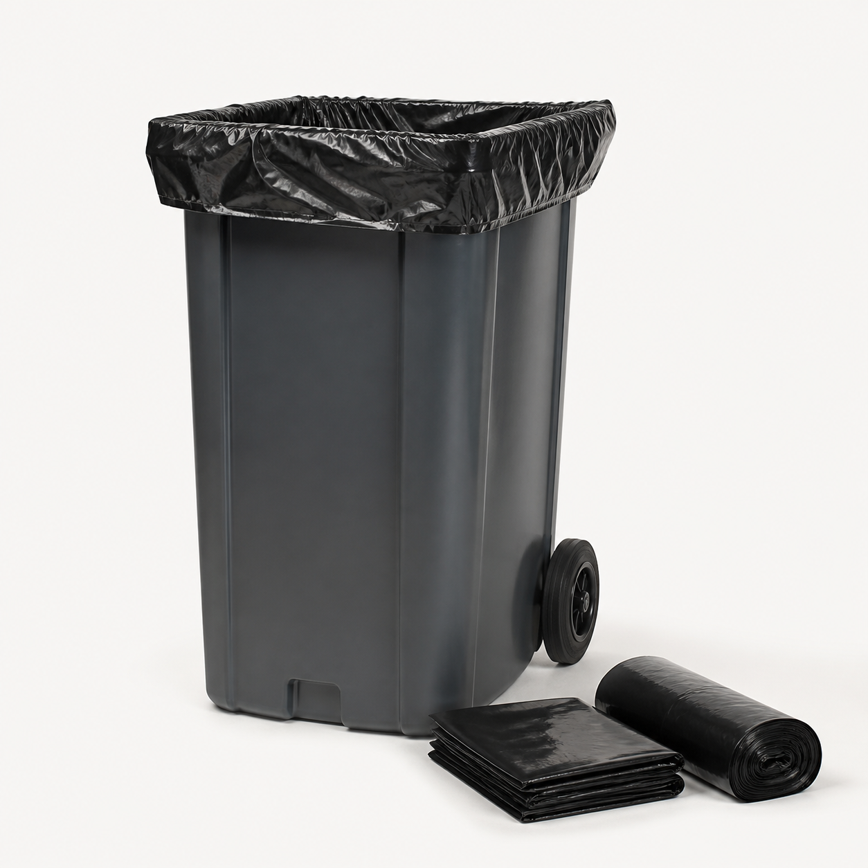Extra-large black wheelie-bin liners with clean 240-litre bin