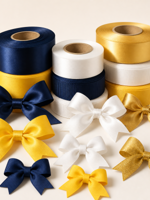 Satin and grosgrain ribbon rolls with pre-tied gift bows