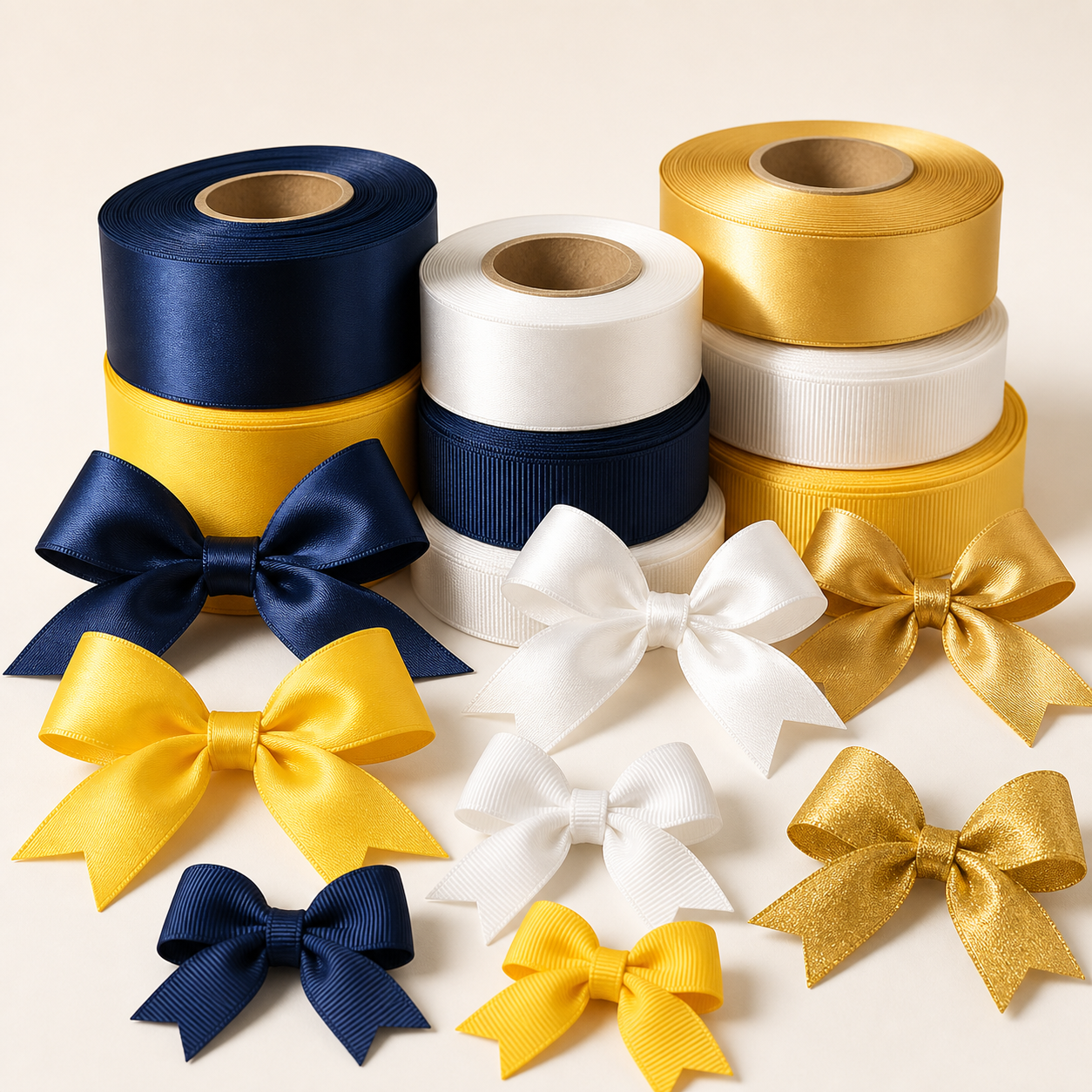 Satin and grosgrain ribbon rolls with pre-tied gift bows