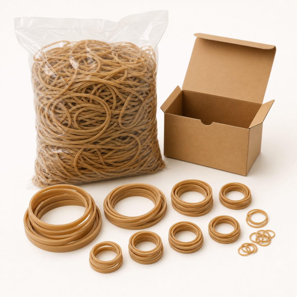 Natural rubber bands in assorted diameters and thicknesses supplied in bulk