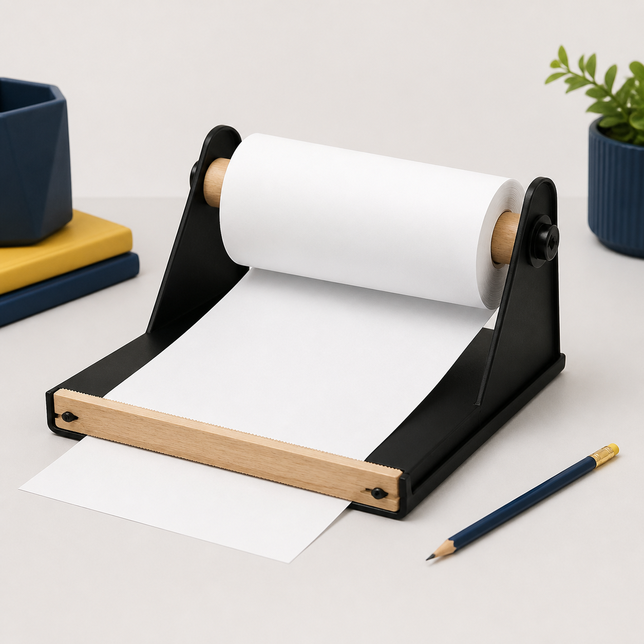 Desktop rolled note-paper holder and writing dispenser