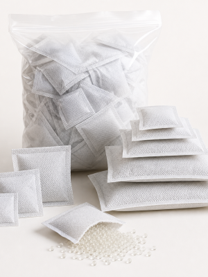 White porous-paper silica-gel desiccant sachets in assorted packaging sizes