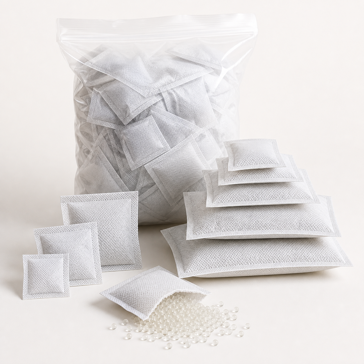 White porous-paper silica-gel desiccant sachets in assorted packaging sizes
