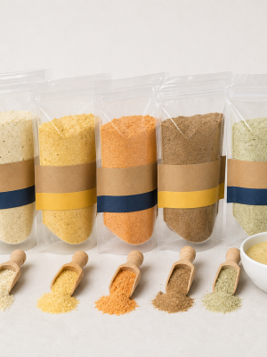 Assorted commercial dry soup powder blends in clear pouches