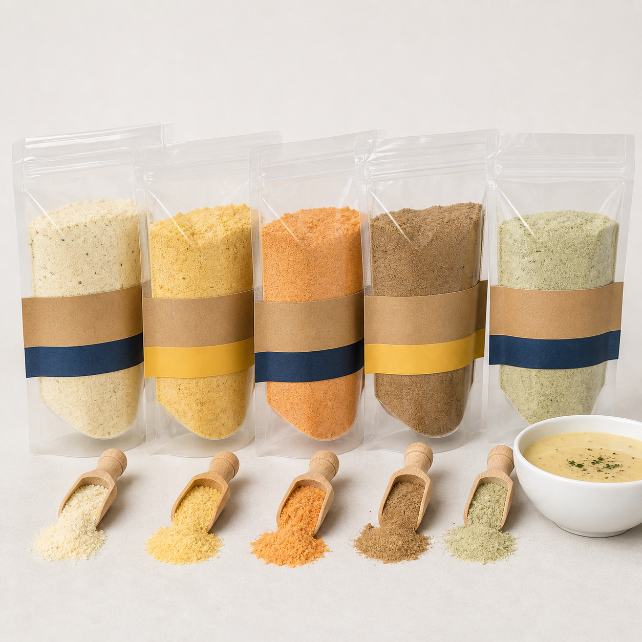 Assorted commercial dry soup powder blends in clear pouches